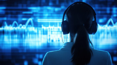 A person wearing headphones is immersed in a digital soundscape, highlighting the connection between music and technology in a vibrant, captivating atmosphere.の素材