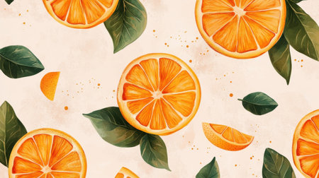 This illustration features vibrant orange slices paired with lush green leaves. Perfect for food-related themes, summer projects, or decorative uses.の素材
