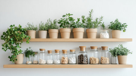 A stylish display of fresh herbs and spices in glass jars, arranged on wooden shelves. This setup adds a natural touch to kitchen decor, promoting organization and freshness.の素材