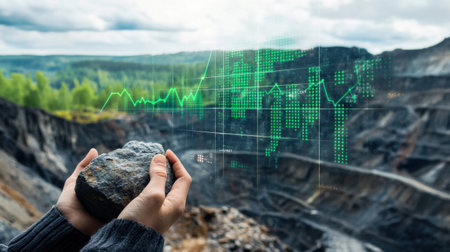A person holds a rock in their hands with a digital data overlay, symbolizing mining industry analysis and natural resource management in a beautiful landscape.の素材