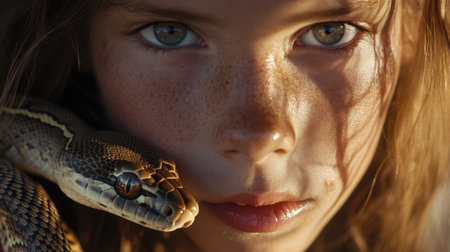 A captivating close-up portrait of a child with striking eyes and freckles, featuring a snake gently draped around their face, showcasing a unique bond with nature.の素材