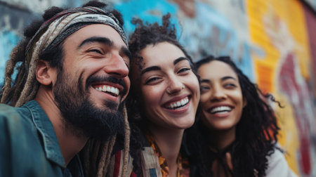 Three joyful friends share smiles and laughter in front of a colorful mural, depicting a moment of friendship and connection in an urban setting.の素材