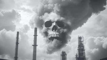 A striking black and white image of a skull-shaped cloud looming over an industrial landscape, symbolizing pollution and environmental decay.の素材