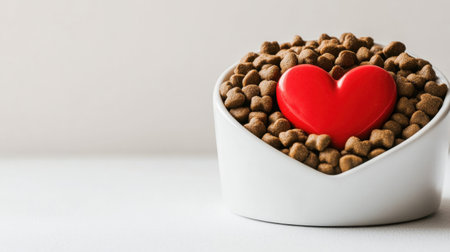A heart-shaped bowl filled with pet food, featuring a red heart object symbolizes love for pets. Perfect for animal care and pet nutrition themes.の素材