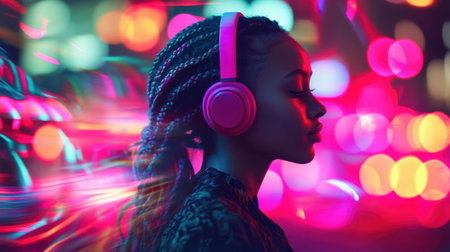 A young woman enjoys music with headphones in a vibrant urban night scene, showcasing colorful lights and an artistic profile against a dynamic background.の素材