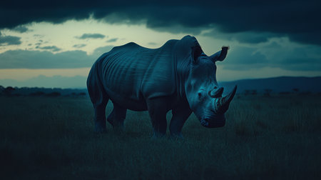 A solitary rhinoceros stands majestically against a dramatic dusk sky. The powerful figure emphasizes wildlife conservation. A striking portrayal of nature's elusive beauty.の素材