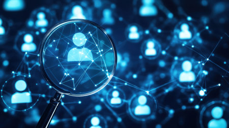 Precision targeting concept with a magnifying glass focusing on human icons surrounded by glowing lines on a blue backdrop.の素材