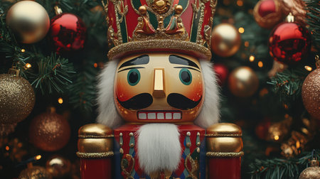 A vibrant nutcracker figurine stands proudly amidst shimmering holiday decorations. This captivating image captures the essence of festive spirit and tradition during the Christmas season.の素材