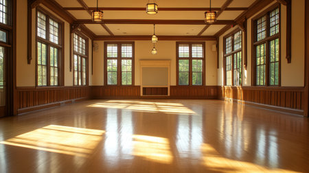 This bright and spacious hall features large windows that flood the area with natural light, showcasing wood accents and a serene environment perfect for events.の素材