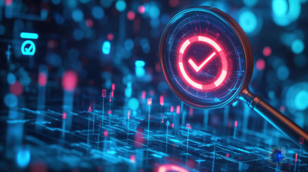A vibrant digital scene featuring a magnifying glass emphasizing a check mark symbolizing success in data analysis, showcasing futuristic technology and metrics.の素材