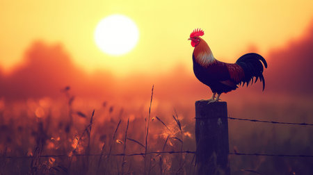 A striking rooster stands proudly on a fence post, basking in the warm glow of the sunrise. The vibrant colors of dawn create a serene rural landscape, perfect for nature lovers.の素材