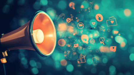 This image features a vibrant megaphone emitting colorful icons, symbolizing communication and marketing strategies in a dynamic digital space.の素材