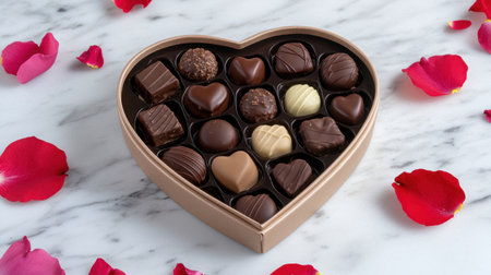 A beautiful heart-shaped box filled with assorted chocolates, elegantly arranged on a marble surface, surrounded by vibrant rose petals perfect for special occasions.の素材