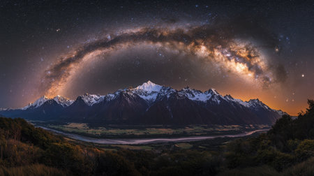 Majestic view of the Milky Way spreading across the night sky, filling it with vibrant hues and stars.の素材