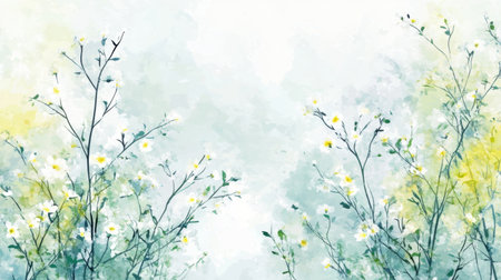 Spring-inspired vector banner with a watercolor wash of greens and yellows, accented by delicate floralsの素材