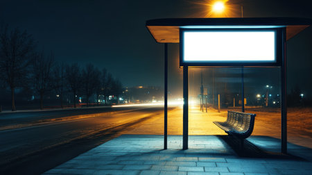 Nighttime bus stop featuring an empty light box, perfectly illuminated for outdoor advertisement mockup displays.の素材