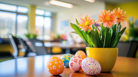 A vibrant arrangement of colorful Easter eggs next to cheerful flowers. Perfect for springtime themes, celebrations, and festive decor ideas. Ideal for joyful settings.の素材