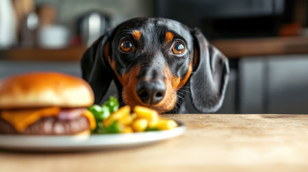 A curious dog gazes eagerly at a delicious hamburger and fries on a table, capturing the warmth and joy of pet companionship during mealtime.の素材