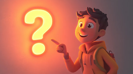 A cheerful animated boy points at a glowing question mark, symbolizing curiosity and discovery. The vibrant colors create an engaging and playful atmosphere.の素材