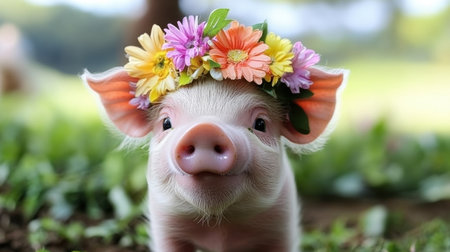 A cute piglet with a colorful flower crown smiles in a sunny outdoor setting, showcasing happiness and playfulness in nature, perfect for animal lovers.の素材