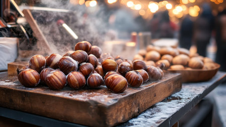 A vibrant display of roasted chestnuts on a wooden table at a festive market. The warm steam rises, creating a cozy atmosphere filled with delicious aromas.の素材