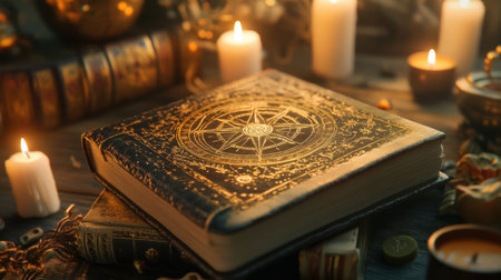 A mystical leather-bound book adorned with intricate designs, surrounded by glowing candles. This atmospheric setting invites exploration of ancient knowledge and magic.の素材