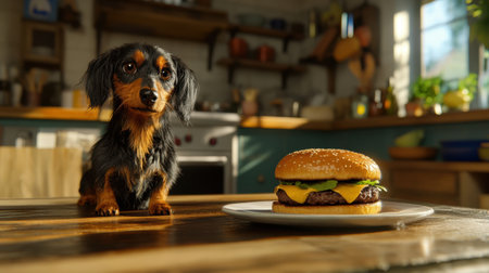 A charming dog gazes curiously at a tempting cheeseburger on a wooden table in a cozy kitchen, highlighting the bond between pets and food.の素材