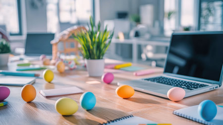 A lively office space featuring colorful Easter eggs scattered on a wooden table, complemented by a laptop, stationery, and a green plant, perfect for spring celebrations.の素材