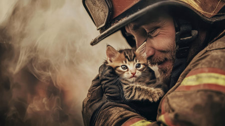 A firefighter gently cradles a small kitten in a moment of tender connection amid a smoky backdrop. This image showcases compassion and bravery.の素材