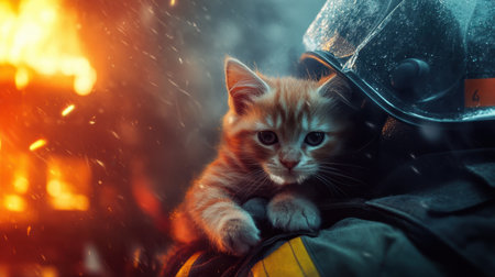 A firefighter holds a scared kitten in a dramatic scene filled with flames and smoke. This heartwarming image captures bravery and compassion in the face of disaster.の素材