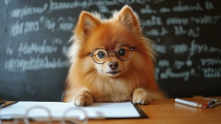 A cute Pomeranian dog wearing glasses sits attentively at a desk in a classroom. The image conveys a playful blend of education and charm, perfect for animal lovers.の素材