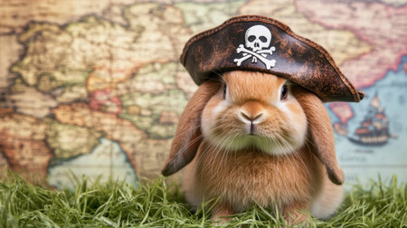 A charming rabbit dressed in a pirate hat poses playfully against a vintage map. This whimsical scene captures the fun spirit of adventure and exploration.の素材