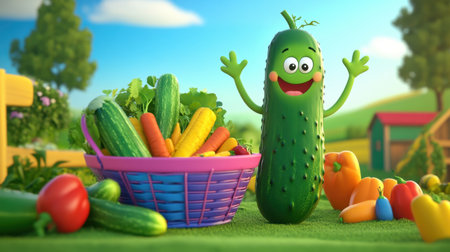 A joyful cartoon cucumber character stands among a vibrant array of colorful vegetables in a sunny garden setting, perfect for children's themes.の素材