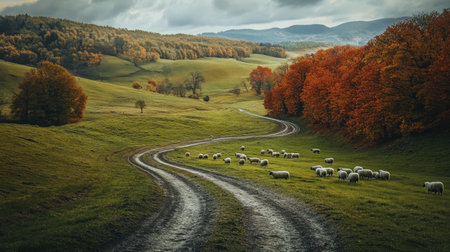 A tranquil rural landscape featuring a winding road, grazing sheep, and vibrant autumn foliage. The scene evokes peace and natural beauty in the countryside.の素材