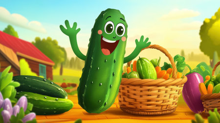 A cheerful cartoon cucumber character waves amidst a colorful garden filled with fresh vegetables, capturing a bright and joyful outdoor farming scene.の素材