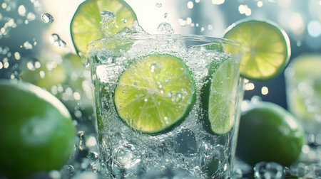A refreshing glass filled with sparkling water and lime slices, showcasing vibrant splashes and bubbles. Perfect for summer drinks and healthy refreshment ideas.の素材