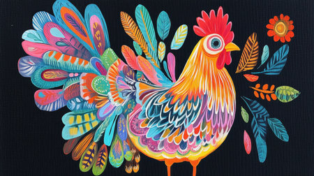 A vibrant and whimsical illustration of a colorful chicken with stunning feathers and playful foliage accents. Perfect for art lovers and nature enthusiasts.の素材