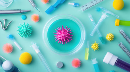 Vibrant laboratory scene featuring colorful tools and a microorganism model, perfect for projects related to science, healthcare, and education.の素材