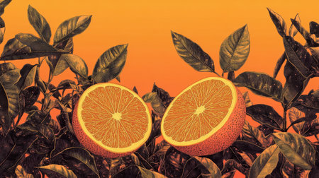 Two fresh orange halves rest on vibrant green leaves against a bright background, capturing the essence of summer and natural beauty in a colorful composition.の素材