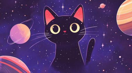 A charming illustration of a cute black cat set against a vibrant cosmic background featuring colorful planets and twinkling stars. This whimsical art appeals to cat lovers and space enthusiasts.の素材