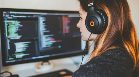 A young woman intensely focuses on her computer screen while coding. She wears headphones, showcasing a modern digital workspace ideal for programming.の素材