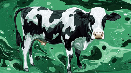 This modern and artistic portrayal of a black and white cow features swirling green backgrounds, perfect for agricultural or nature-themed projects.の素材