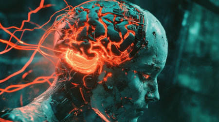 A striking portrayal of a futuristic cybernetic head, featuring glowing neural connections that highlight the blend of human and machine elements.の素材