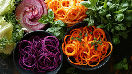 Spiralized fresh veggies elegantly displayed, highlighting their vivid hues and freshness in a farm-to-table concept.の素材