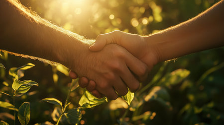 A close-up shot of two hands in a handshake surrounded by lush greenery, capturing the essence of partnership, trust, and cooperation in a natural setting.の素材