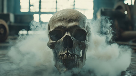 A striking human skull emerges from mysterious smoke in a dimly lit warehouse. This scene evokes themes of decay and haunting beauty, ideal for creative projects.の素材