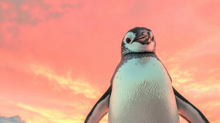 Stylized penguin with a beaming smile, standing against a gradient arctic sky in vivid hues.の素材