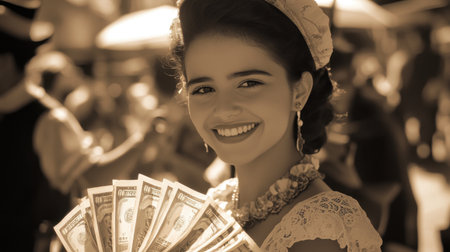 A charming young woman smiles brightly while holding a fan of money at a lively outdoor festival. The vintage attire and warm sunlight create a joyful atmosphere.の素材