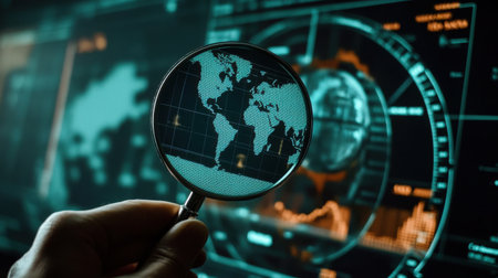 A hand holds a magnifying glass that highlights a world map against a futuristic digital background, symbolizing global analysis and technological innovation.の素材