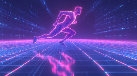 A vibrant digital artwork featuring a neon silhouette of a runner in a futuristic virtual space, showcasing motion and energy in a tech-inspired environment.の素材